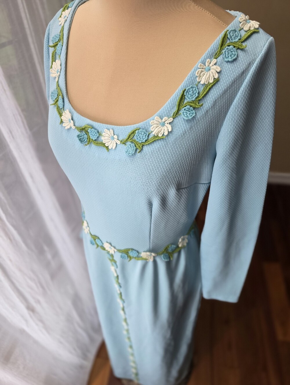 Vintage 60s 70s Blue Floral Embroidered Maxi Dress Mod Prairie Costume XS
